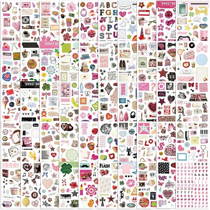 1200Pcs+ Aesthetic Sticker Book, Sweet Cool Y2K Pink Decorative Stickers for Journal Scrapbook Craft Supplies for Adults Teens Girls