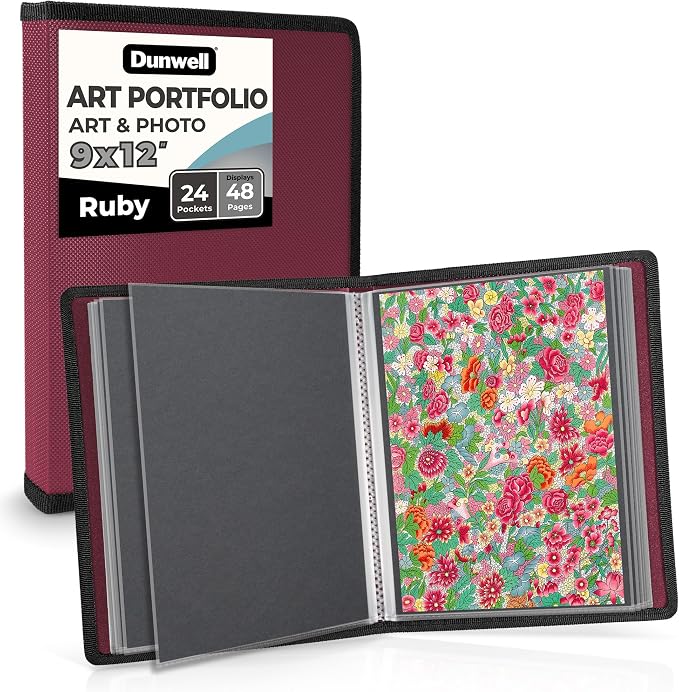 Dunwell Art Portfolio 9x12, 24 Pockets, Displays 48 Pages, Ruby