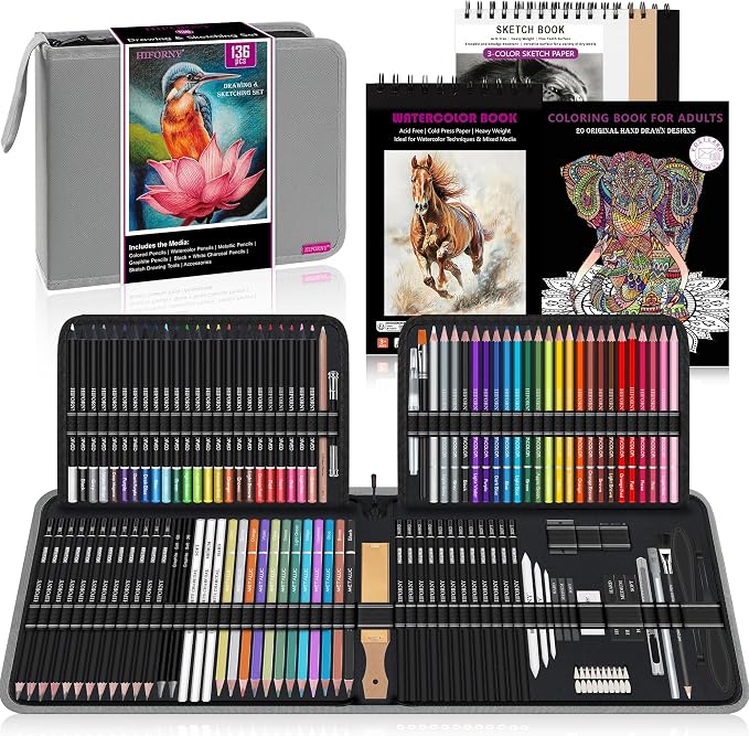 HIFORNY 136 PCS Drawing & Sketching Set,Pro Art Supplies with Graphite,Charcoal,Colored,Watercolor,Metallic Pencils,Blending Tools,Sketchbook,Watercolor Book and Coloring Book in Zipper Case (Grey)