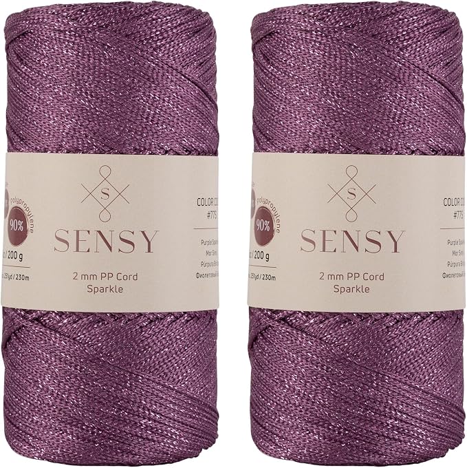2 Pack of Sensy Premium 2mm 251 Yards Sparkle Polyester Rope 90% Polypropylene 10% Polyester Cord Macrame Cord 2mm Crochet Bag Cord Macrame Rope Crochet Thread Gift for Knitter (Purple Sparkle)