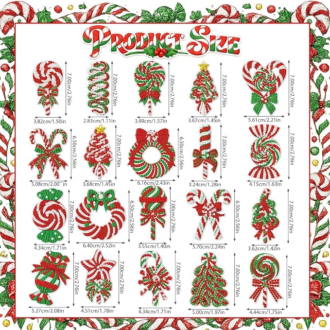 Tondiamo 20 Pcs Christmas Candy Diamond Painting Keychain Kits 5D DIY Diamond Art Pendants Double Sided Hanging Key Chains for Christmas Party Decoration DIY