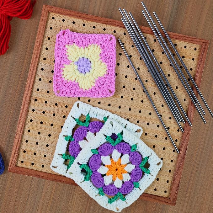 HHSarioneiro 7.8" Crochet Blocking Board with 16 Pins/Pegs, Granny Square Blocking Boards for Crochet Projects, Wooden Crocheting Accessories Gifts for Crocheters