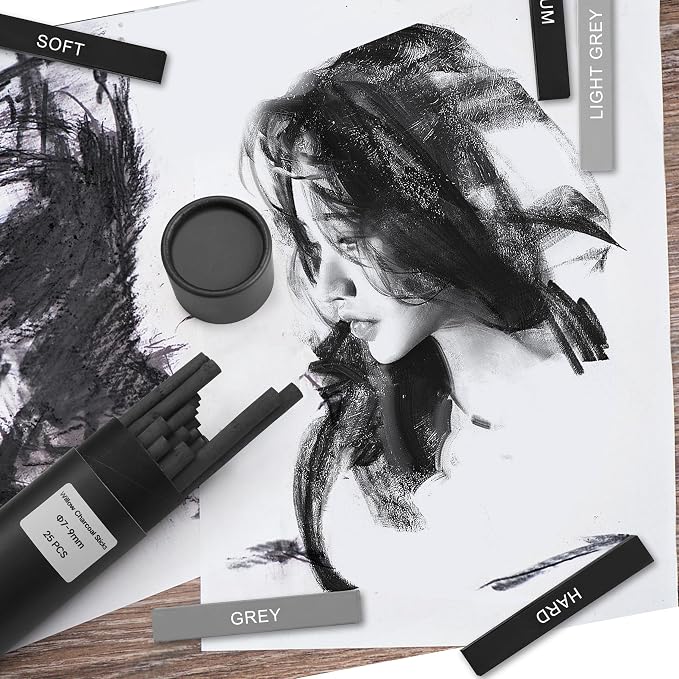 24 Pcs Compressed Charcoal Sticks with Soft, Medium, Hard and White Charcoal, Square Charcoal Stick Kit for Drawing, Sketching and Shading (12 Black + 4 Gray + 8 White)