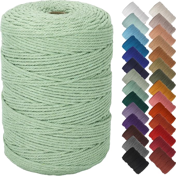 NOANTA Sage Macrame Cord 3mm x 328yards, Colored Cotton Rope Macrame Yarn | Macrame Rope Supplies, 3 Strand Twisted Cotton Yarn String, Cotton Cord for Wall Hanging, Plant Hangers, Crafts, Knitting