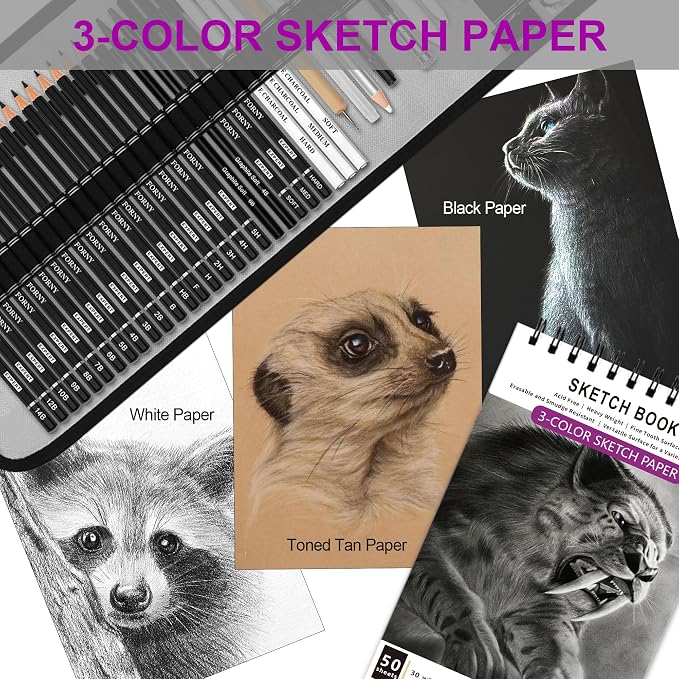 HIFORNY 60 Pcs Drawing Kit Sketching Pencil Set,Sketch Pencils Art Supplies with 3-Color Sketchbook,Graphite,Charcoal,Drawing Pencils for Adults Artists
