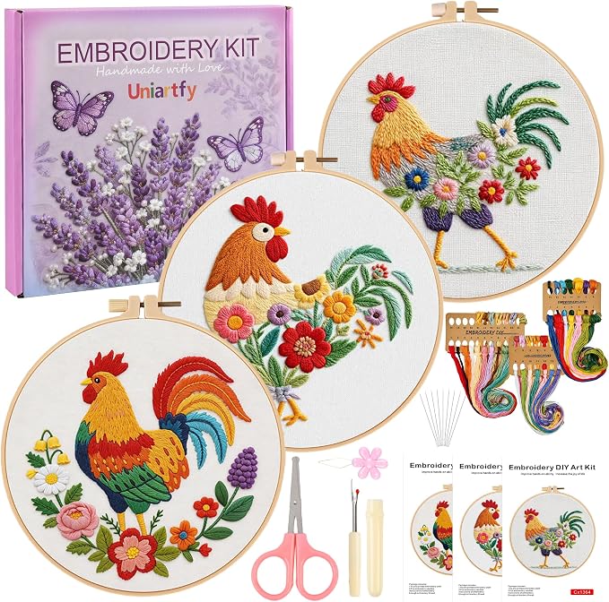 Uniartfy 3 Pack Funny Rooster and Flower Embroidery Kits for Beginners, Animal Cross Stitch Kit for Adults, DIY Needlepoint with Stamped Pattern, Embroidery Hoop, Tools, Colorful Threads, Instructions