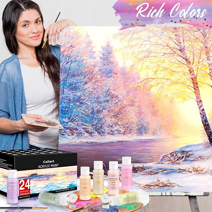 Caliart 24 Colors Pastel Acrylic Paint Set with 12 Brushes | Craft Painting kit for Adults Artists Beginners, Rich Pigment Non-toxic, Canvas Wood Rock Pumpkin Ceramic Art Supplies Paint