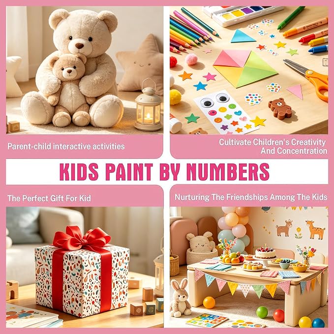 4 Pack Animal Paint by Number for Kids with Wooden Frame - Wooden Easel | Paint by Numbers for Kids Ages 4-8-12, Easy Elephant Owl Giraffe Zebra DIY Oil Painting Kits for Home Wall Decor (8X8 inch)