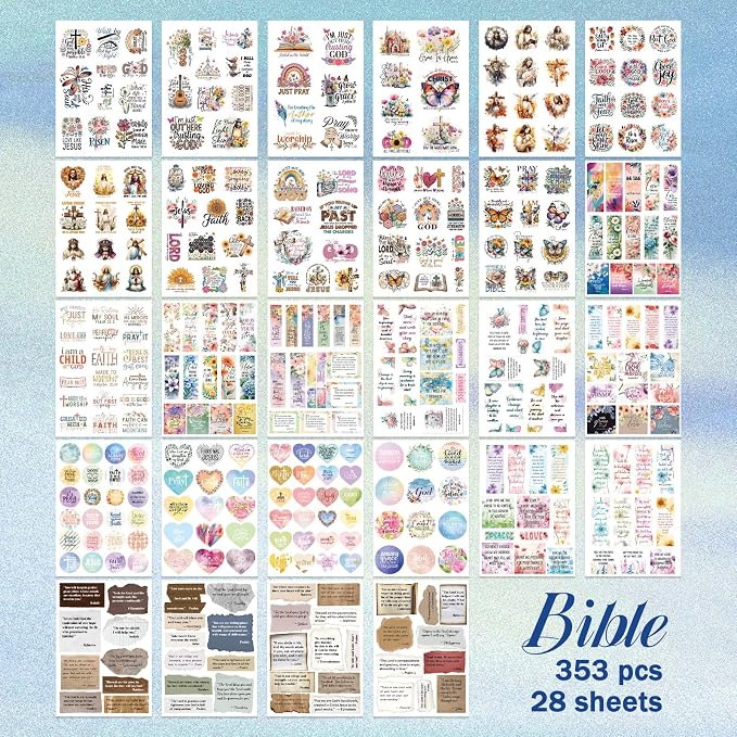 PRSTINCOL Bible Verse Stickers Book, 28 Pages 353 Pcs Religious Scripture Journaling Supplies for Women Water Bottles Journals