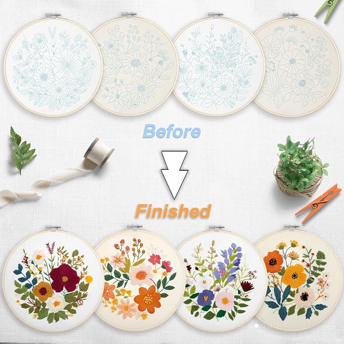 Bonroy Embroidery Kit for Beginners with Instructions,Cross Stitch Kits for Adults with Pattern,Needlepoint Kits for Adult Include Embroidery Cloth Hoops Needles Threads (flowers2)