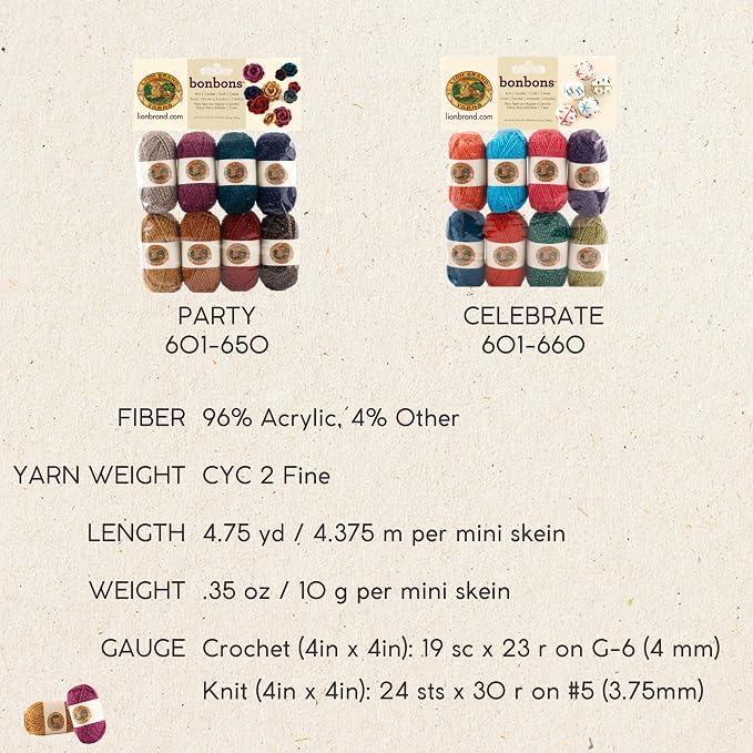 Lion Brand Yarn BonBons Yarn Pack Party | Small, Colorful, Lightweight Yarn Skein Pack for Colorwork, Embroidery, Friendship Bracelets, DIY Projects