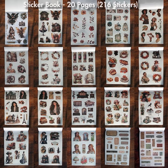 Vintage Scrapbook Stickers and Ephemera Pack – Pre Cut Design Scrapbooking Supplies with 216 Washi Stickers & 30 Papers for Jounk Journaling, Planners, DIY Crafts, Card Making