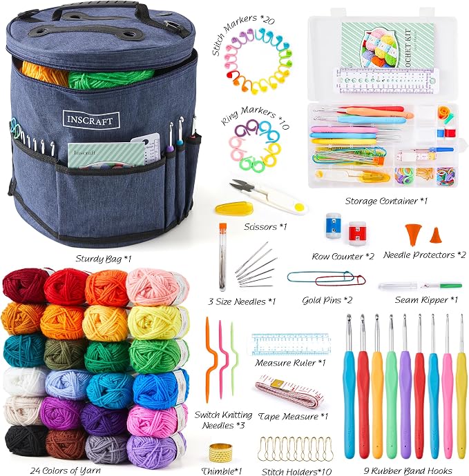 INSCRAFT Crochet Kit for Beginners Adults- Great Knitting Starter Kit for Colorful Craft for Professionals, Make Amigurumi Projects Includes 24 Colors Yarn, Hooks, Instructions, a Durable Bag