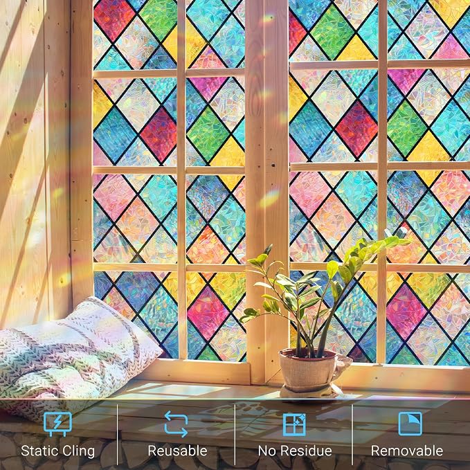 Haton Stained Glass Winodw Film, Rainbow Lattice Stickers, 29.5" x 78.7"