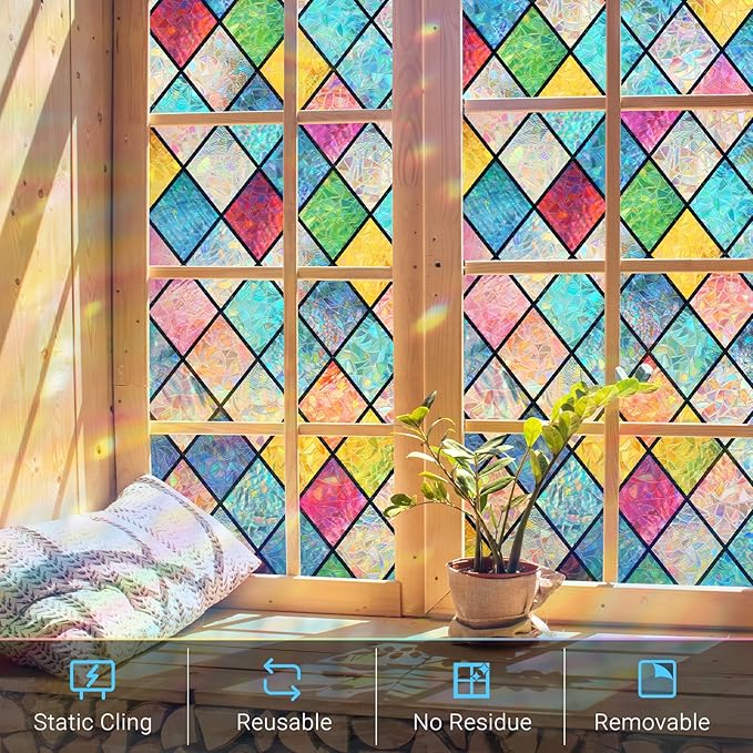 Haton Stained Glass Winodw Film, Rainbow Lattice Stickers, 23.6" x 118.1"