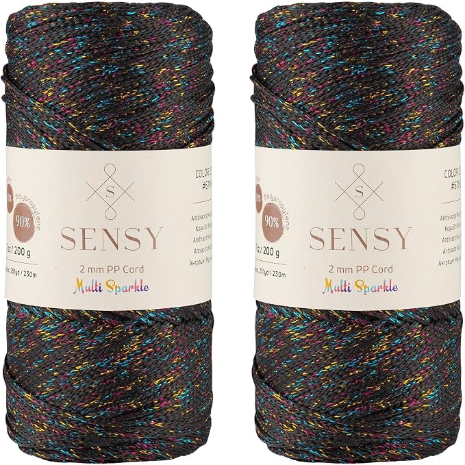 2 Pack of Sensy Premium 2mm 251 Yards Sparkle Polyester Rope 90% Polypropylene 10% Polyester Cord Macrame Cord 2mm Crochet Bag Cord Macrame Rope Crochet Thread for Knitter (Anthracite Multi Sparkle)