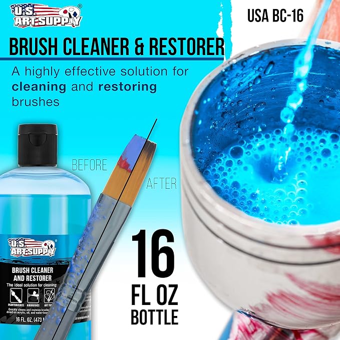 U.S. Art Supply Brush Cleaner and Restorer, 16 Ounce Bottle | Cleans Paint Brushes, Airbrushes, Art Tools - Cleaning Solution to Remove Dried On Acrylic, Oil and Water-Based Paint Colors