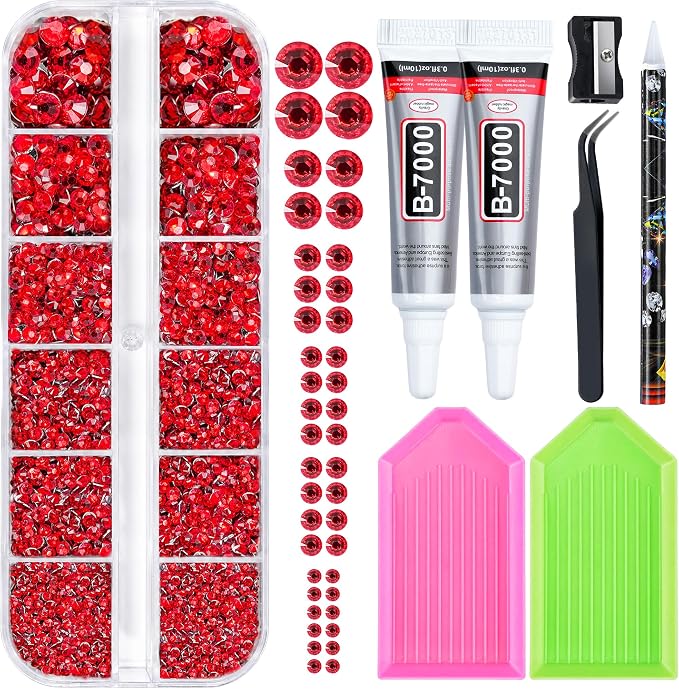 25000 Pcs Resin Jelly Rhinestones Kit, Red 2/3/4/5/6mm Flatback Rhinestones with 2 Pcs B7000 Jewelry Glue & Tools, All-in-One Bedazzling Kit for DIY Arts & Crafts Gifts