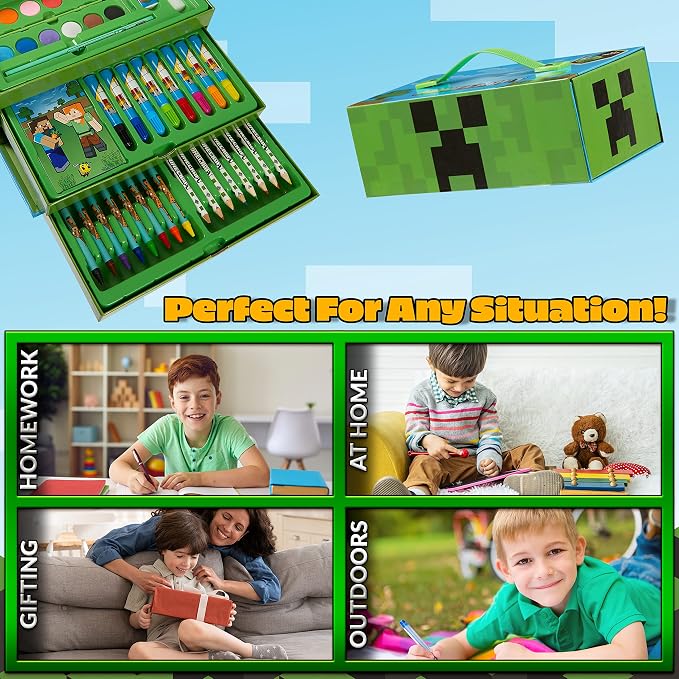 Minecraft Colored Pencils Art Supplies Set Crayons Watercolor Paints Colored Markers Coloring Drawing Kit Creeper Art Set Case Gamer Gifts for Boys (Pack of 3)