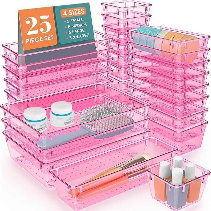 25 PCS Plastic Drawer Organizer Set, Makeup Organizers and Storage Bins | 4 Sizes Desk Drawer Divider Organizers and Storage Bins for Jewelry, Gadgets for Kitchen, Bedroom, Bathroom, Clear Pink