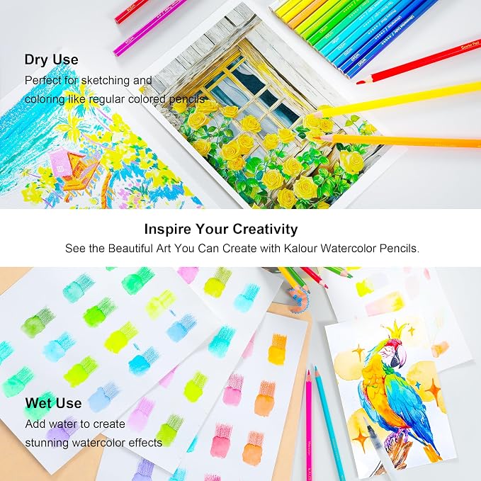 KALOUR Watercolor Pencils with Brush, 36 Colors, Blendable Wet or Dry, Ideal for Coloring Books and Art