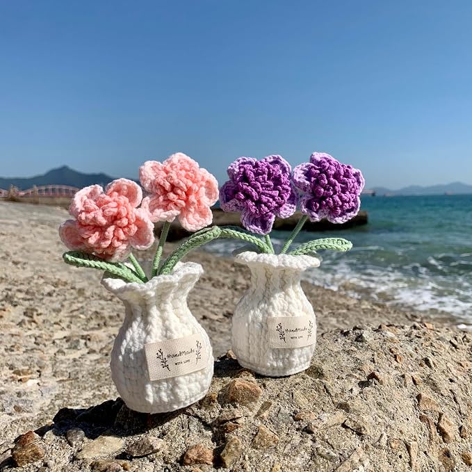 Crochet Paris Polyphylla Flower Pot Handmade Knitted Desk Decor Pink Potted Plant for Home Office