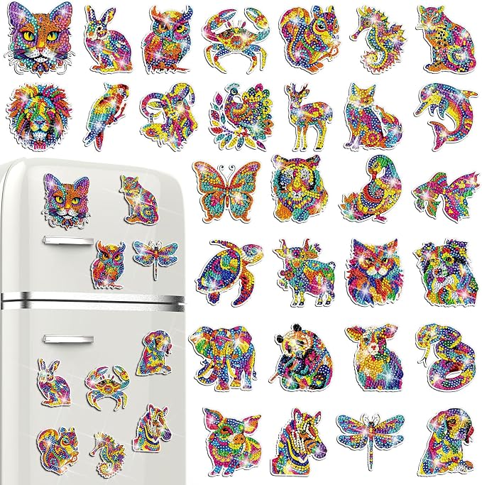 Remuuly 30 Pcs Animal Diamond Painting Magnets Diamond Art Kits for Adults | Colorful Animal Refrigerator Magnets, Tiger 5D Rhinestone Fridge Magnetic Sticker, Diamond Club Gifts, Beginner DIY Crafts
