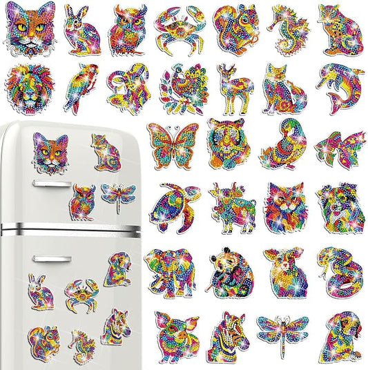 Remuuly 30 Pcs Animal Diamond Painting Magnets Diamond Art Kits for Adults | Colorful Animal Refrigerator Magnets, Tiger 5D Rhinestone Fridge Magnetic Sticker, Diamond Club Gifts, Beginner DIY Crafts