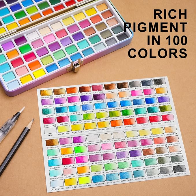 100 Colors Watercolor Paint Set - Vibrant Pigments in Portable Metal Case with 3 Water Brushes, Non-Toxic Travel-Friendly Painting Kit for Professional Artists/Students/Beginners