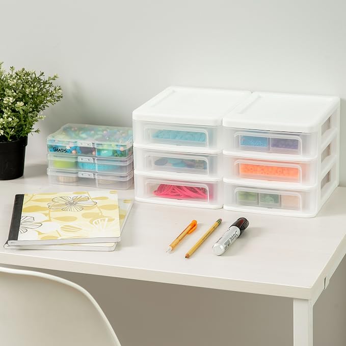 IRIS USA 4-Pack 3-Drawer Small Desktop Organizer, Stackable, White