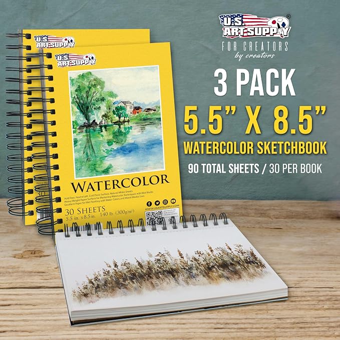 U.S. Art Supply 5.5" x 8.5" Premium Heavyweight Watercolor Paper Pad,3-Pack