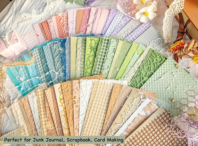 96 Sheets Textured Scrapbook Paper and Mesh Fabric Assorted Set - 6 Pack Mixed Special Paper for Scrapbooking Planner Bullet Junk Journal Supplies Mixed Media Collage Card Embellishments 3.9x5.5 Inch