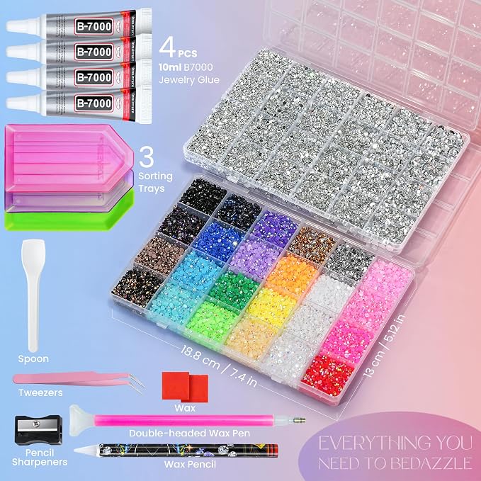 2 Boxes 70000PCS Rhinestones Kit, Rhinestones 3mm 24 Color & Silver 2/3/4/5/6mm Resin Flatback Gems for Diamond Art, Bedazzler Kit with 4Pcs B7000 Jewelry Glue for DIY Crafting Crafts Decor