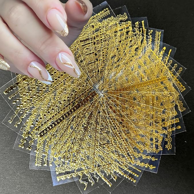 30 Sheets Gold Line Nail Art Stickers Gold Lace Nail Stickers 3D Self-Adhesive Gold Nail Decals Acrylic Nails DIY Design Nail Supplies for Women