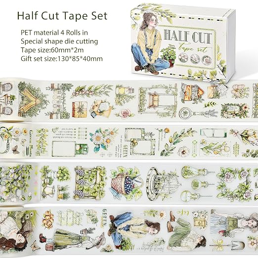 Snycler Pre-Cut PET Washi Tapes- 4 Rolls Green Gardening