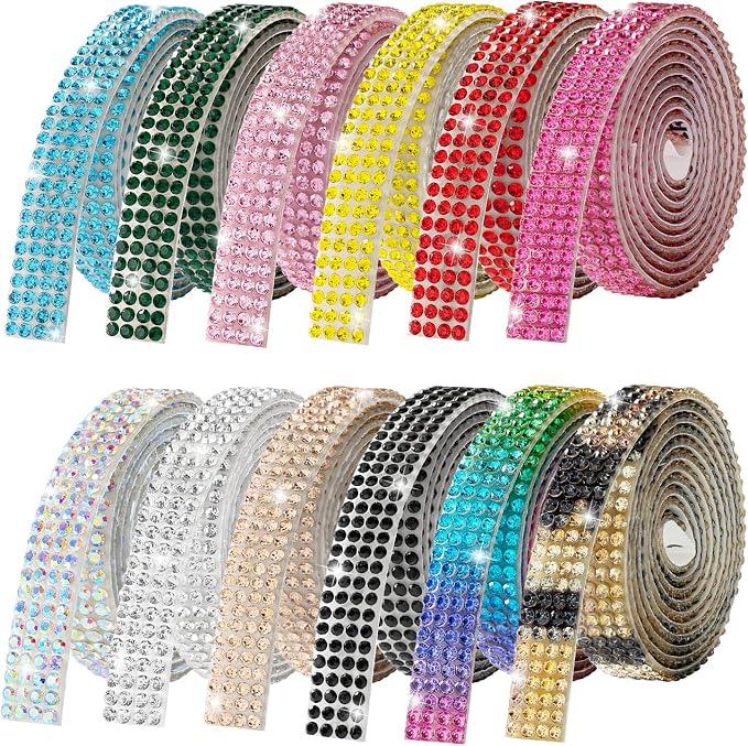 Rhinestone Ribbon Self Adhesive Crystal Rhinestones, 12-Rolls Bedazzling Strips, 12-Yard Rhinestone Strips for DIY Craft, Bedazzling Kit for DIY Craft, Rhinestones for Crafting Art Decoration