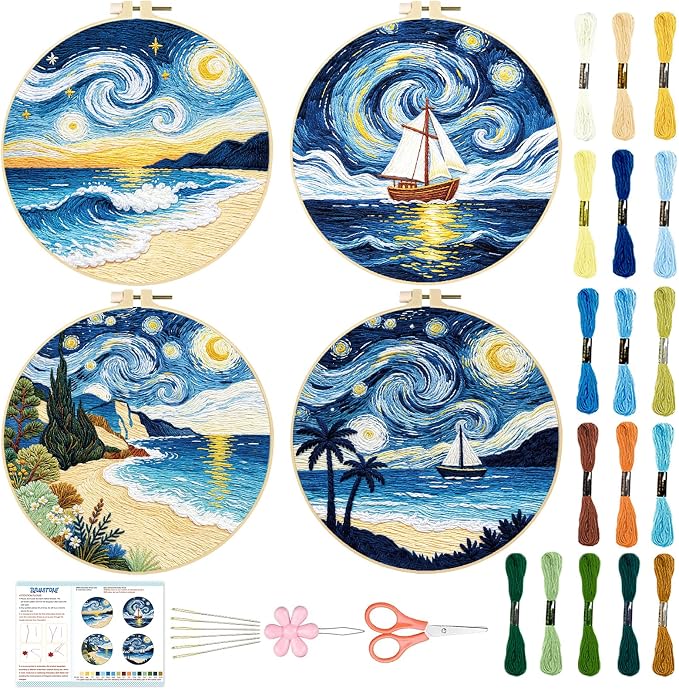 BEUNITONE 4pcs Embroidery Kit, Starry Sky & Beach Stamped Embroidery Kits with Hoop, Thread & Needles, Cross Stitch Kits Sewing Gifts for Adults and Beginners, DIY Craft for Relaxation