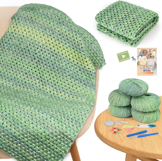 Aeelike Crochet Blanket Kit for Beginners, Easy Crochet Kit, Green Gradient