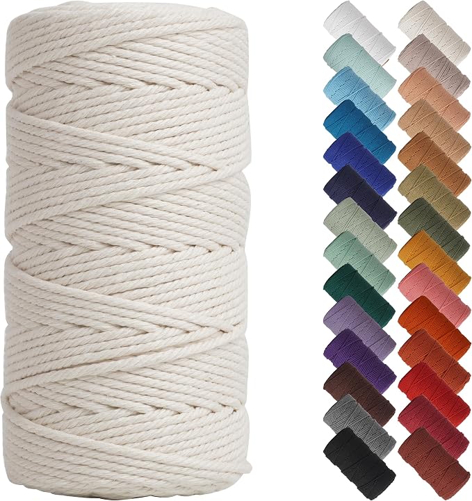 NOANTA Natural Macrame Cord 3mm x 220Yards, Beige Cotton Rope Macrame Yarn | Macrame Rope Supplies, 3 Strand Twisted Cotton Yarn String, Cotton Cord for Wall Hanging, Plant Hangers, Crafts, Knitting