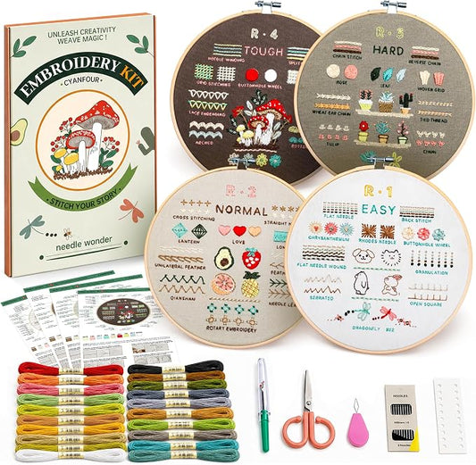 CYANFOUR Embroidery Kit for Beginners with Step-By-Step Guidance & Videos | 4 Stages to Learn 38 Stitches, Includes Multiple Accessories, Gift for Craft Lovers