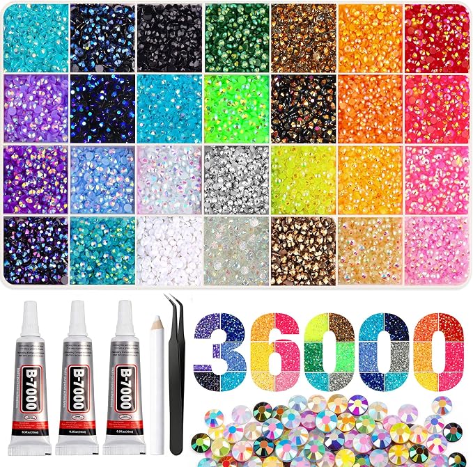 Artdone 36000Pcs Resin Rhinestones 3mm Jelly AB 28Colors for Bedazzling Glitter Kit DIY, Multicolor Crystal Diamond Pearls with 3Pcs 10ml B7000 Jewelry Glue for Bedazzled Nail Art Supplies Decoration | Glitter DIY, Multicolor Crystal Diamond Pearls wit...