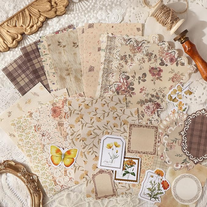 OKUPAN Scrapbook Supplies Kit – 100Pcs Vintage Floral Scrapbook Paper & Junk Journal Stickers, Journaling Supplies for Bullet Journaling, Retro Crafts, Mixed Media, Planner, Collage Card Album(Yellow)