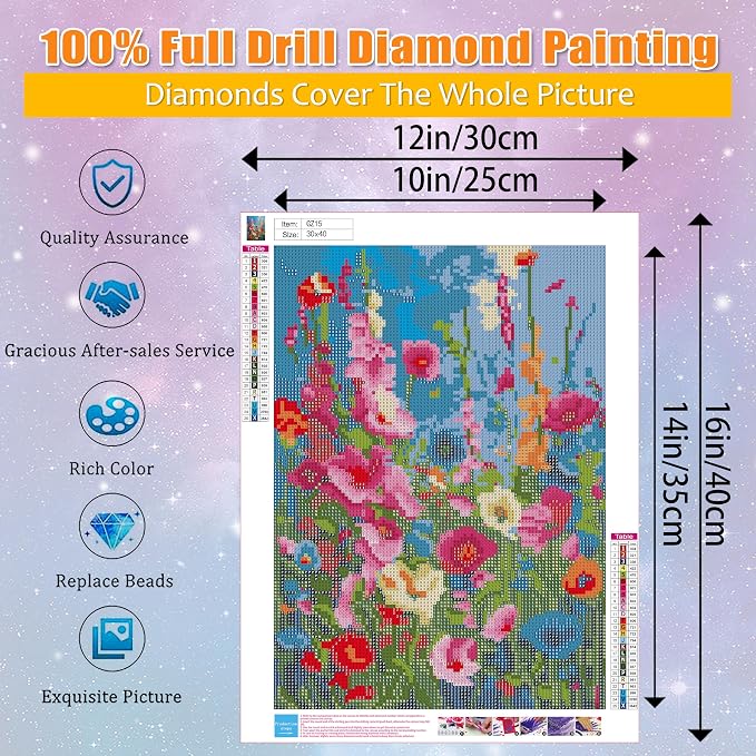 Ausanrl Wild Flowers Square Diamond Painting Kits - Square Drill Diamond Paintings Flowers,Square Diamond Art,DIY Flower Gem Painting for Adults and Crafts for Gifts and Home Wall Decor 12x16inch