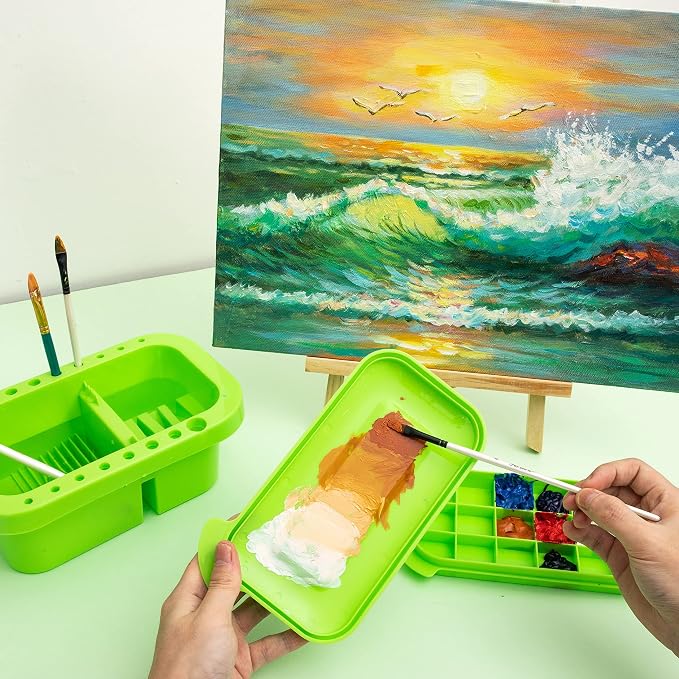 MyLifeUNIT Paint Brush Cleaner, Paint Brush Holder and Organizers with Palette for Acrylic, Watercolor, and Water-Based Paints (Lawn Green) | 18 mixing wells, 16 slots fitting 0.24-0.63 in diameters, 3 washing compartments, removable tray lid
