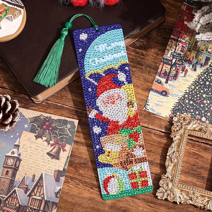 icceemee 4 Pcs Christmas Theme Diamond Painting Bookmarks, DIY Diamond Art Kits for Adults, Book Corner Protecting Bookmark Craft Supplies Kits for Book Lovers