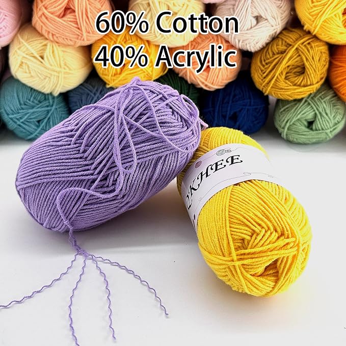 Yarn for Crocheting and Knitting 8 * 1.76 Oz (50G) /195yd, Fine/Fingering Weight (1), 60% Cotton 40% Acrylic Soft Yarn kit for Making Granny Squares and amigurumi (MilkyWhite)