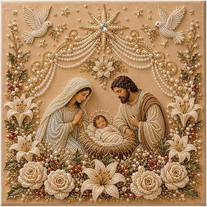 DIY Christmas Pearl Diamond Painting Kit, 5D Pearl Art Craft for Adults and Beginners, Christmas Church and Jesus Wall Decor, Holiday Gifts, 12 x 12 Inch (Jesus Design A)