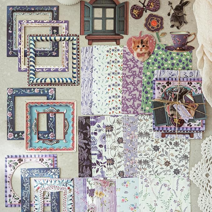 180 Pcs Floral Scrapbooking Paper & Animal Stickers, Embossed Scrapbook Window Frames, 4 Packs Junk Journal Scrapbooking Supplies Kit for Journaling, Embellishments, Card
