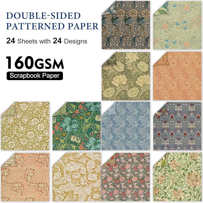 Classical Floral Scrapbook Paper 12x12 - 24 Sheets Double Sided Pattern Decorative Craft Paper for Scrapbooking Planner Bullet Junk Journal Supplies Mixed Media Collage Card Making ﻿