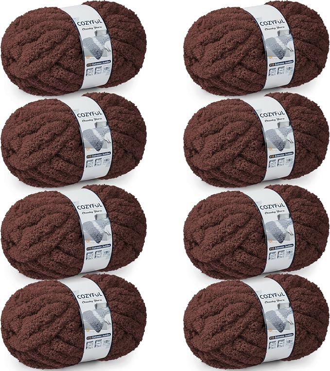 Cozyful Chunky Yarn for Hand Knitting - #10 Chunky Chenille Yarn, Jumbo Big Thick Chunky Yarns for Crocheting, Super Bulky Chunky Knit Blanket Yarns, 8 Skein (22 yds 8 oz Each Skein), Dark Coffee
